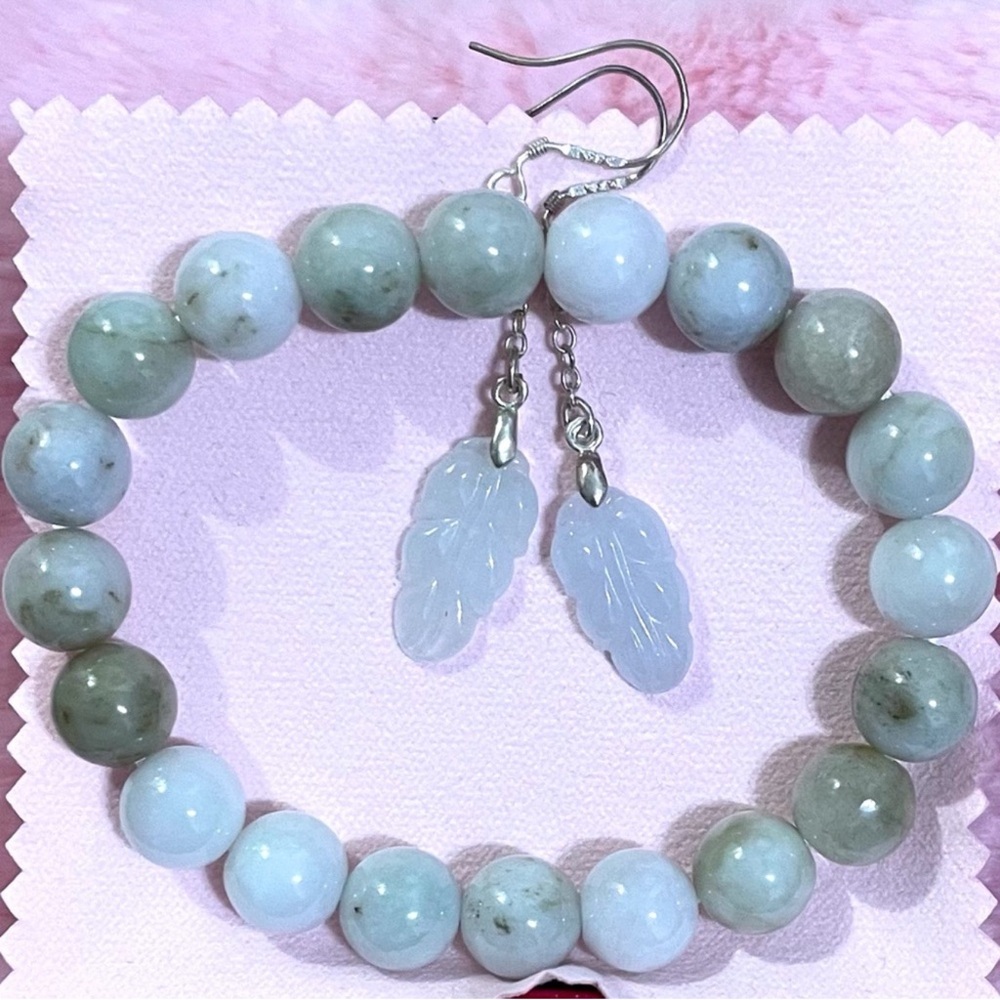 Certified Natural Myanmar Burma Jade Bracelet and Jade Earring Set 10”